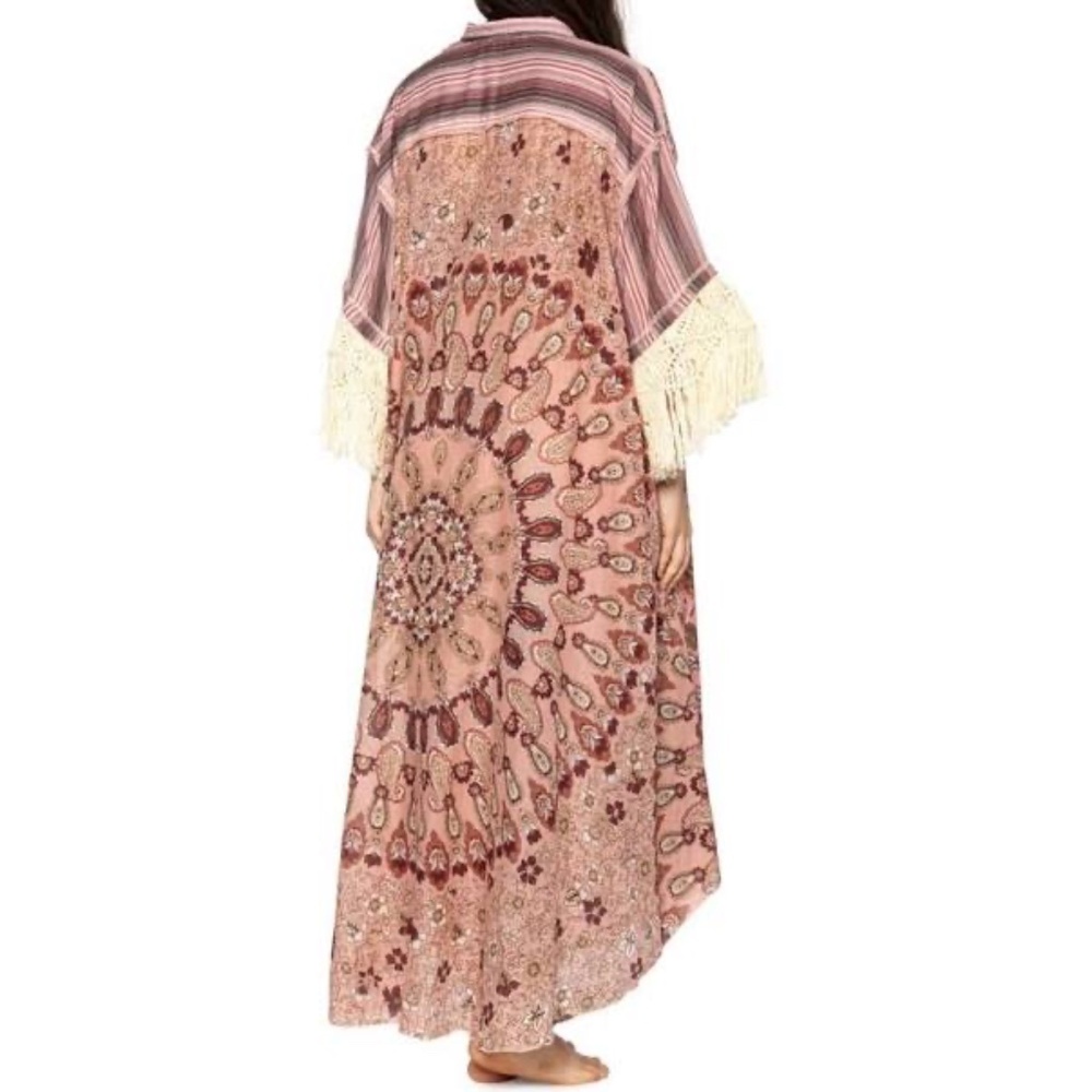 Free People Pink Paisley Button Down Kimono with Cream Fringe